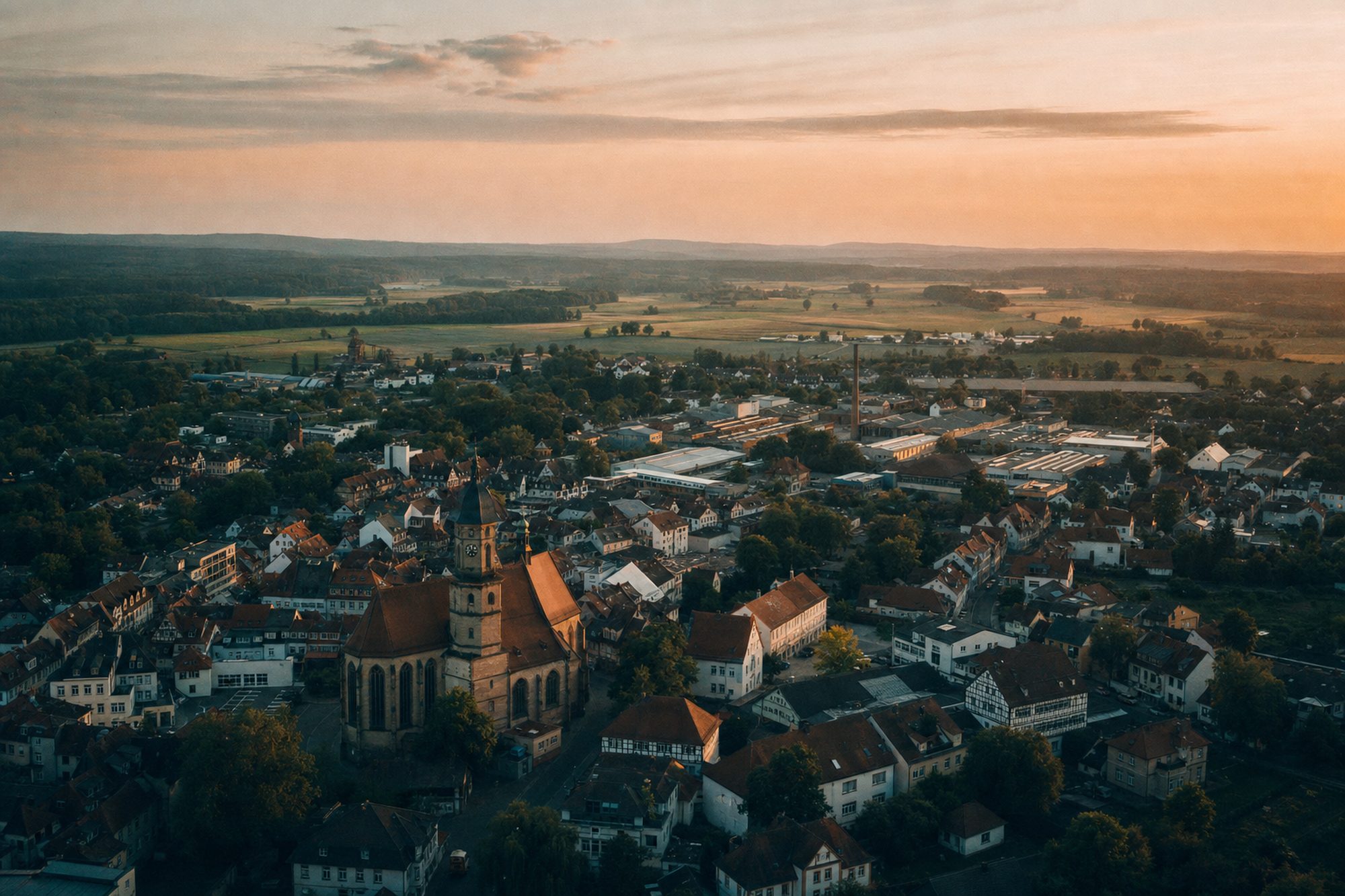 Luftbild einer deutschen Region im Abendlicht